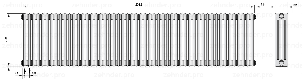 Схема (чертеж) Радиатор Zehnder Charleston 4075/52 №3370 Белый глянцевый RAL 9016